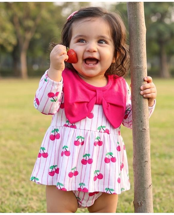 Babyhug 100% Cotton Knit Full Sleeves Frock Style Onesie with Bow Applique & Cherry Print - White