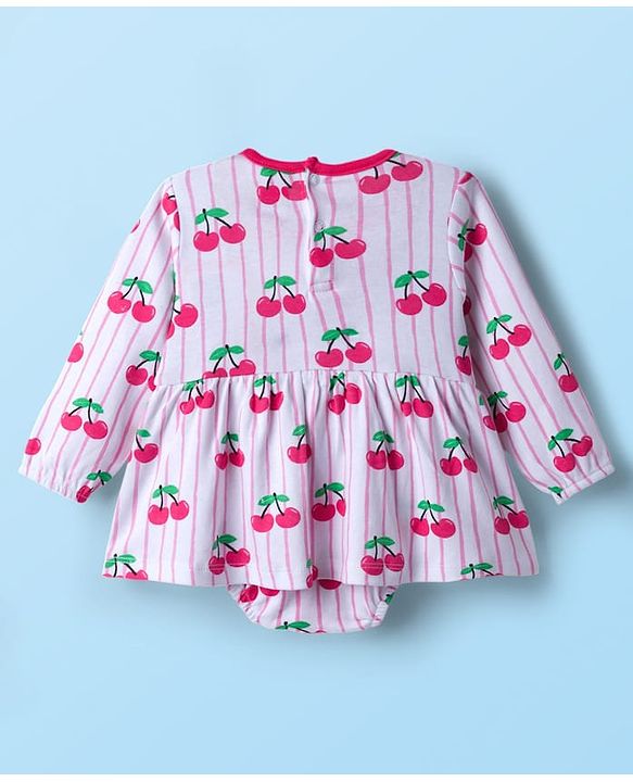 Babyhug 100% Cotton Knit Full Sleeves Frock Style Onesie with Bow Applique & Cherry Print - White
