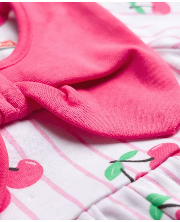Babyhug 100% Cotton Knit Full Sleeves Frock Style Onesie with Bow Applique & Cherry Print - White