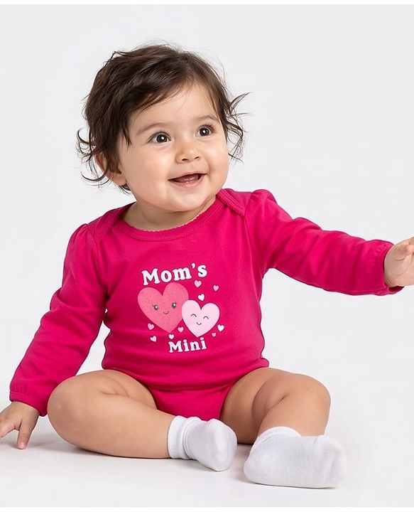 Babyhug 100% Cotton Interlock Knit Full Sleeves Onesies With Text Print - Dark Red