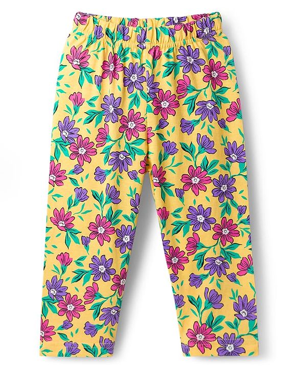 Babyhug Cotton Knit Full Sleeves Co-ord Night Suit With Floral Print - Yellow
