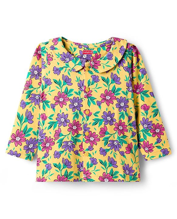 Babyhug Cotton Knit Full Sleeves Co-ord Night Suit With Floral Print - Yellow