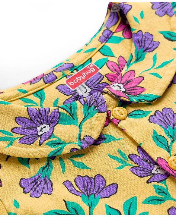 Babyhug Cotton Knit Full Sleeves Co-ord Night Suit With Floral Print - Yellow