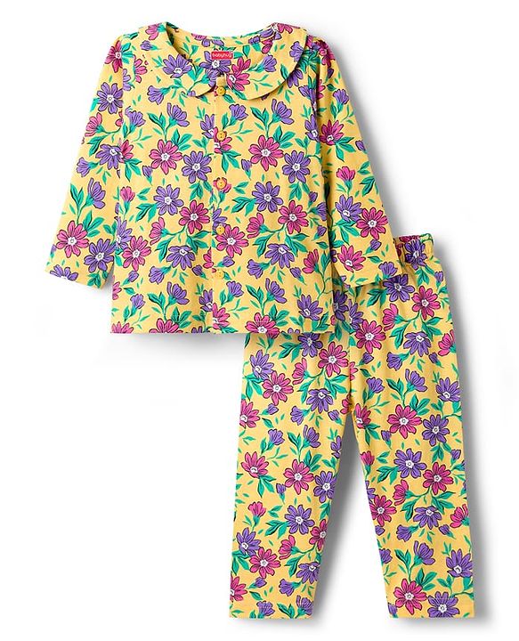 Babyhug Cotton Knit Full Sleeves Co-ord Night Suit With Floral Print - Yellow
