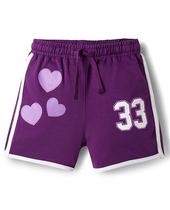 Pine Kids Looper Knit Mid Thigh Length Shorts with Numerical &  Heart Print- Purple