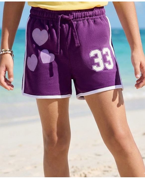 Pine Kids Looper Knit Mid Thigh Length Shorts with Numerical &  Heart Print- Purple