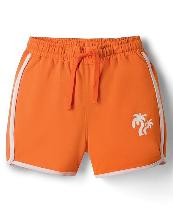 Pine Kids Looper Knit Mid Thigh Length Shorts with Tree Print- Orange