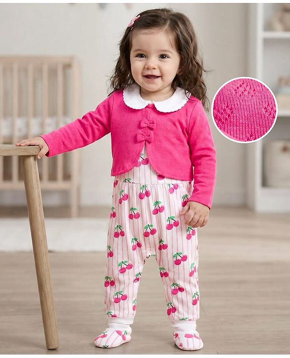 Babyhug 100% Cotton Knit Full Sleeves Striped Romper with Booties & Cherry Print - Multicolor