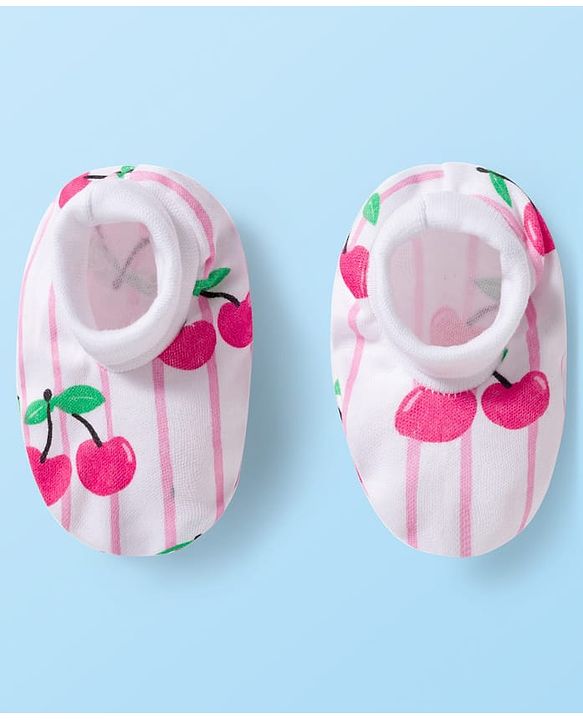 Babyhug 100% Cotton Knit Full Sleeves Striped Romper with Booties & Cherry Print - Multicolor