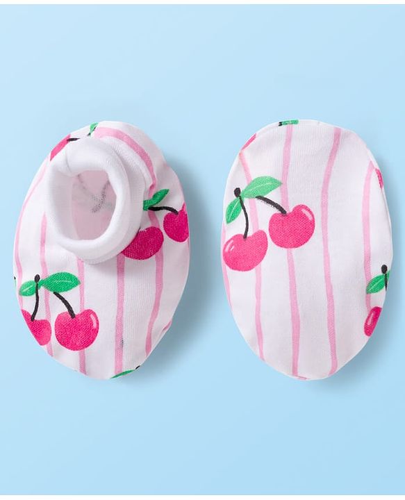 Babyhug 100% Cotton Knit Full Sleeves Striped Romper with Booties & Cherry Print - Multicolor