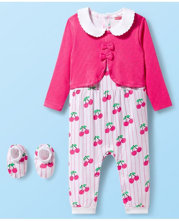 Babyhug 100% Cotton Knit Full Sleeves Striped Romper with Booties & Cherry Print - Multicolor