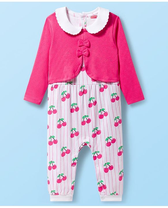 Babyhug 100% Cotton Knit Full Sleeves Striped Romper with Booties & Cherry Print - Multicolor