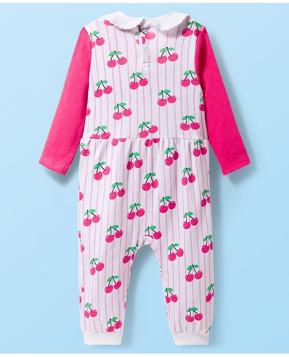Babyhug 100% Cotton Knit Full Sleeves Striped Romper with Booties & Cherry Print - Multicolor