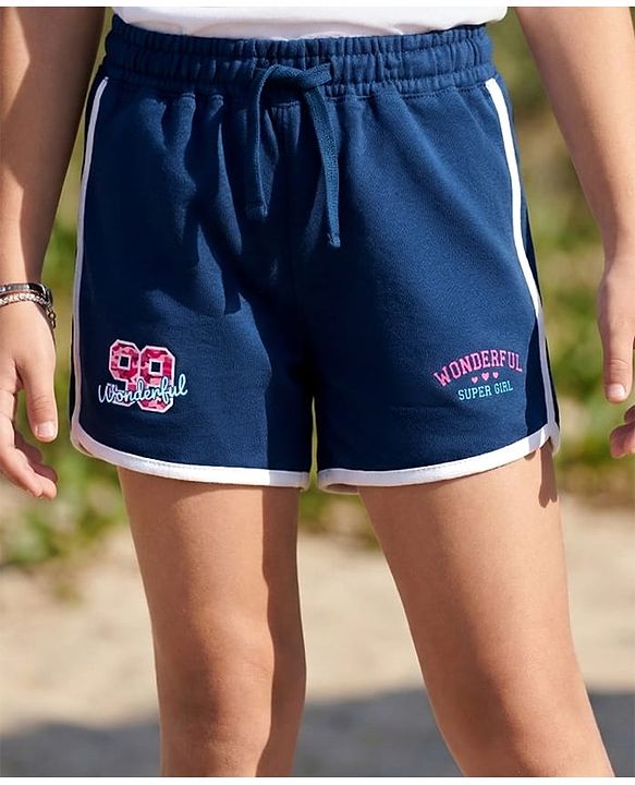 Pine Kids Looper Knit Mid Thigh Length Shorts with Numerical & Text Print- Navy Blue