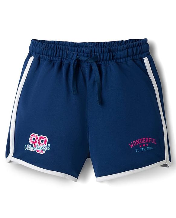 Pine Kids Looper Knit Mid Thigh Length Shorts with Numerical & Text Print- Navy Blue