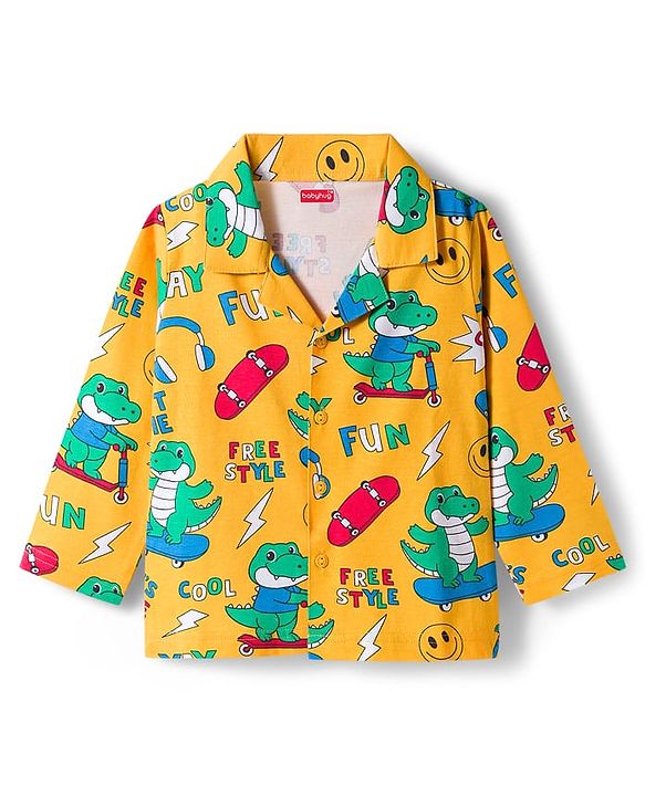 Babyhug Cotton Knit Full Sleeves Co-ord Night Suit With Dino Print - Yellow