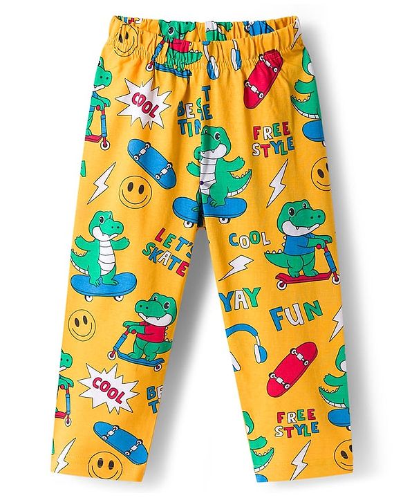Babyhug Cotton Knit Full Sleeves Co-ord Night Suit With Dino Print - Yellow