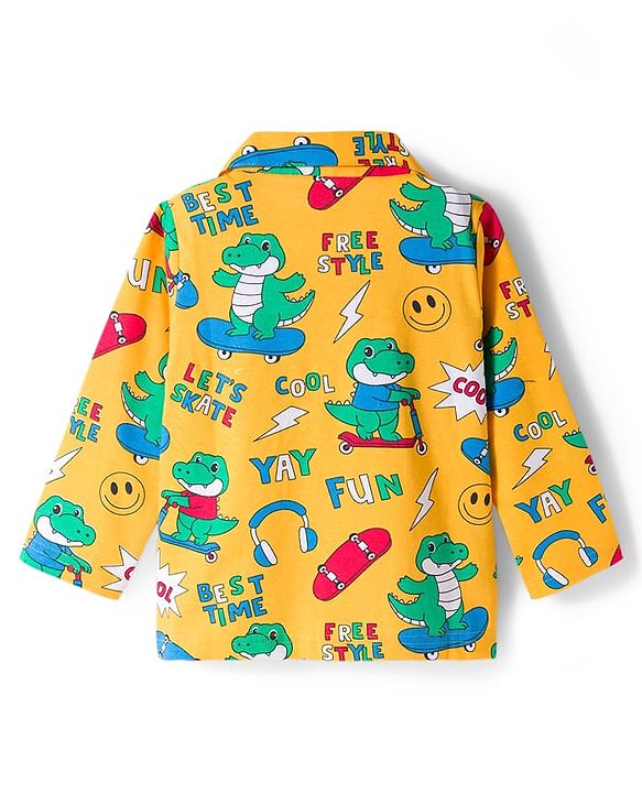 Babyhug Cotton Knit Full Sleeves Co-ord Night Suit With Dino Print - Yellow
