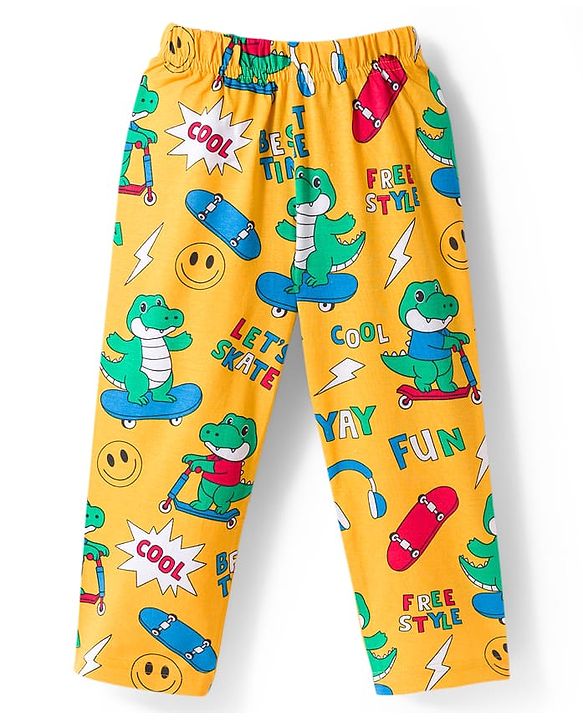 Babyhug Cotton Knit Full Sleeves Co-ord Night Suit With Dino Print - Yellow