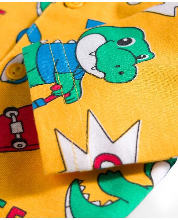 Babyhug Cotton Knit Full Sleeves Co-ord Night Suit With Dino Print - Yellow
