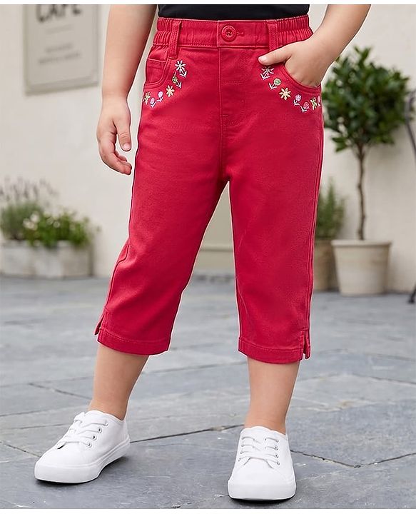 Babyhug Twill Woven Capri With Stretch & Floral Embroidery - Coral
