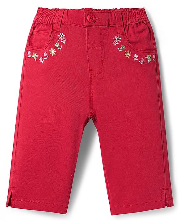 Babyhug Twill Woven Capri With Stretch & Floral Embroidery - Coral
