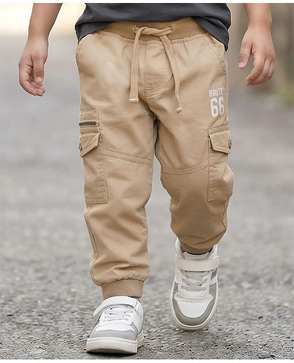 Babyhug Tussor Woven Full Length Trousers With Pockets & Route 66 Print - Khaki