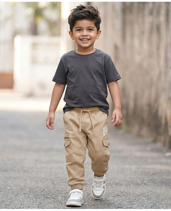 Babyhug Tussor Woven Full Length Trousers With Pockets & Route 66 Print - Khaki