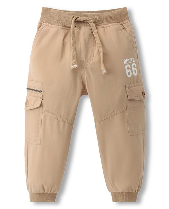 Babyhug Tussor Woven Full Length Trousers With Pockets & Route 66 Print - Khaki