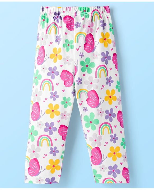 Babyhug Cotton Knit Full Sleeves Co-ord Night Suit With Floral & Butterfly Print - White