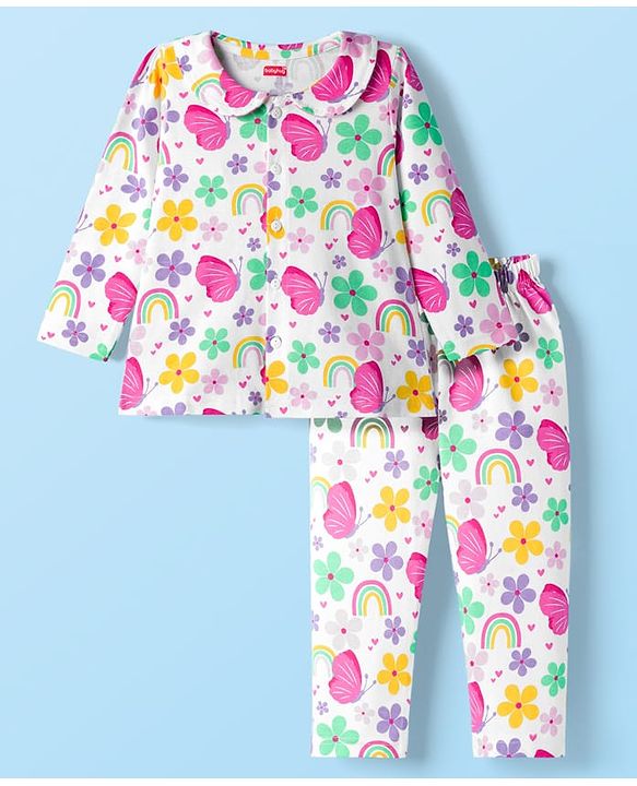 Babyhug Cotton Knit Full Sleeves Co-ord Night Suit With Floral & Butterfly Print - White