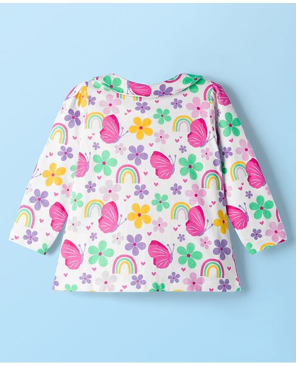 Babyhug Cotton Knit Full Sleeves Co-ord Night Suit With Floral & Butterfly Print - White