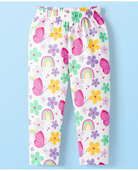 Babyhug Cotton Knit Full Sleeves Co-ord Night Suit With Floral & Butterfly Print - White
