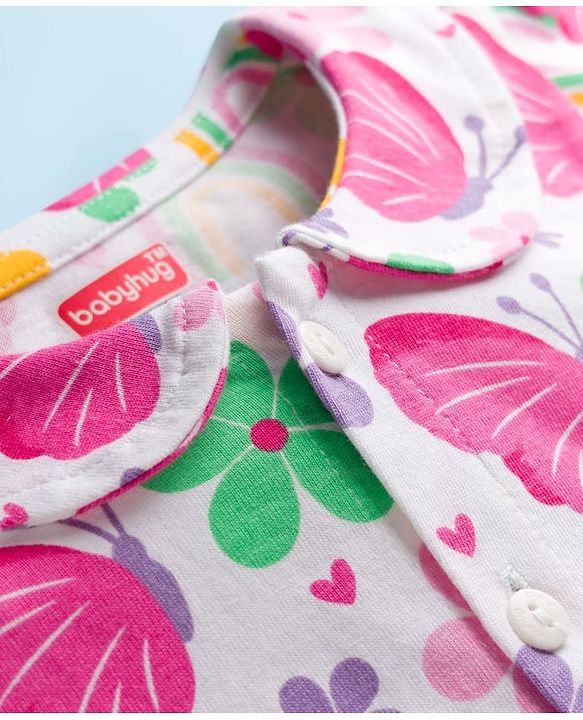 Babyhug Cotton Knit Full Sleeves Co-ord Night Suit With Floral & Butterfly Print - White