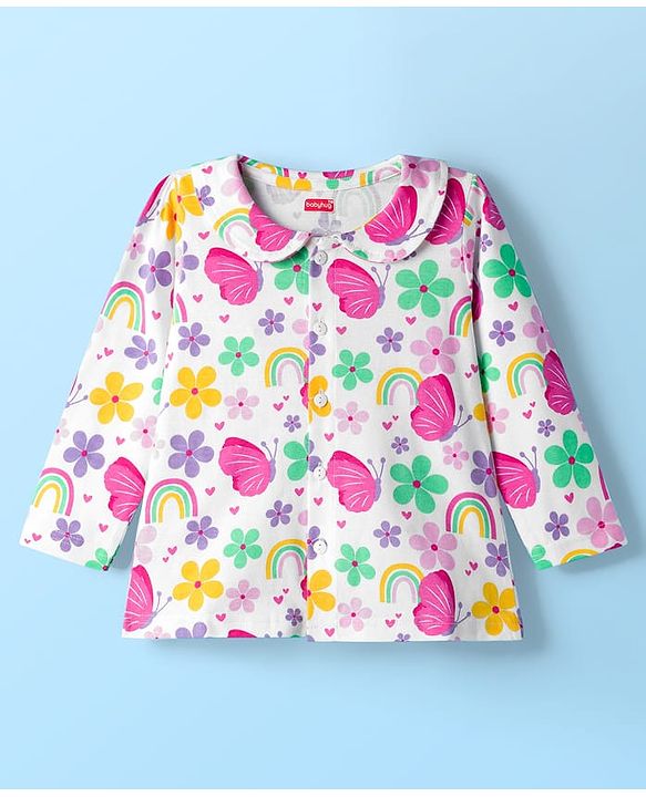 Babyhug Cotton Knit Full Sleeves Co-ord Night Suit With Floral & Butterfly Print - White