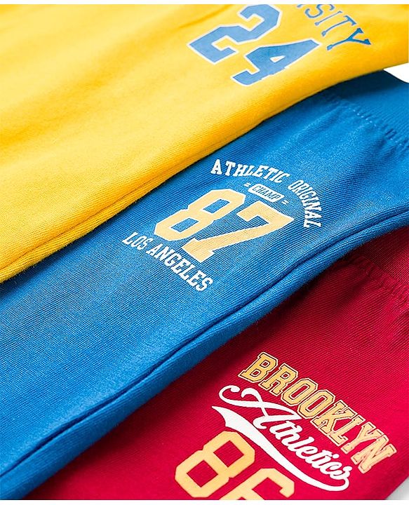Babyhug Cotton Knit Full Length Lounge Pant With Text Print Pack Of 3 - Yellow Red & Blue
