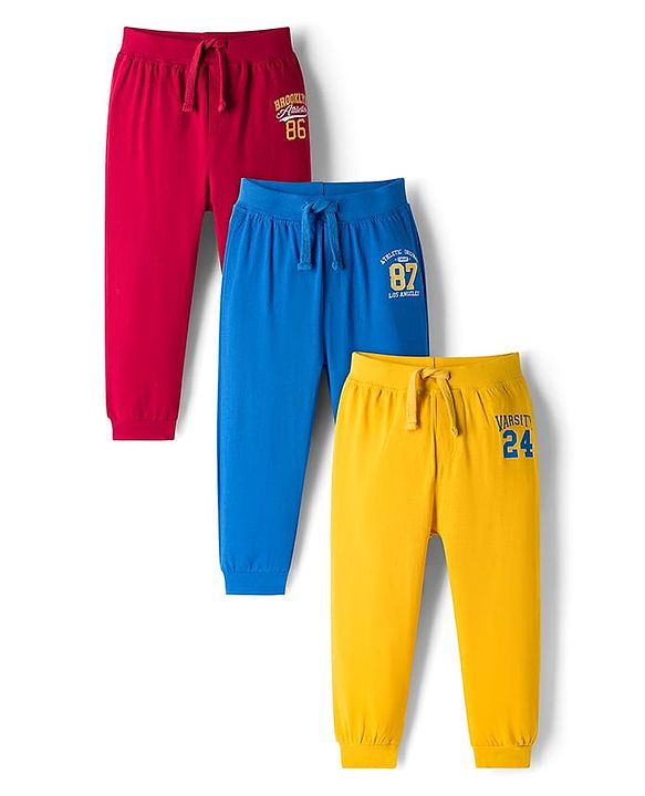 Babyhug Cotton Knit Full Length Lounge Pant With Text Print Pack Of 3 - Yellow Red & Blue