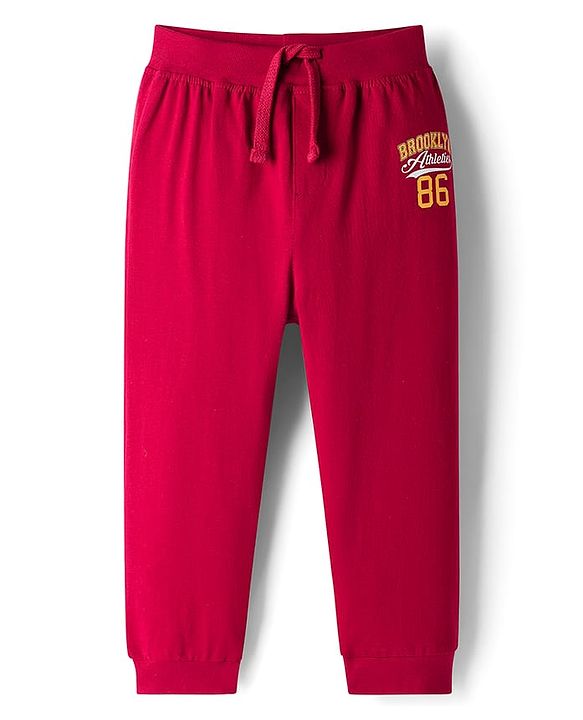 Babyhug Cotton Knit Full Length Lounge Pant With Text Print Pack Of 3 - Yellow Red & Blue