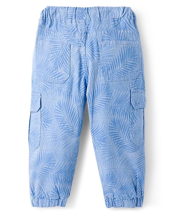 Babyhug Twill Woven Full Length Trouser With Leaf Print & Stretch - Blue