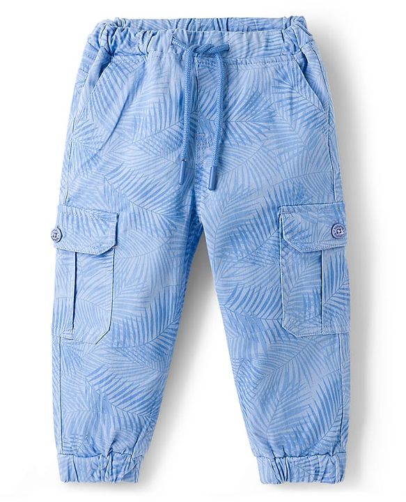 Babyhug Twill Woven Full Length Trouser With Leaf Print & Stretch - Blue