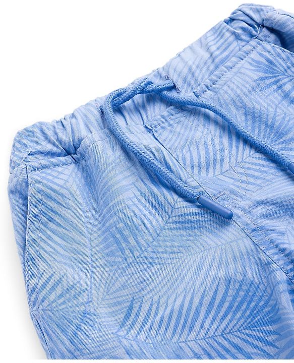 Babyhug Twill Woven Full Length Trouser With Leaf Print & Stretch - Blue