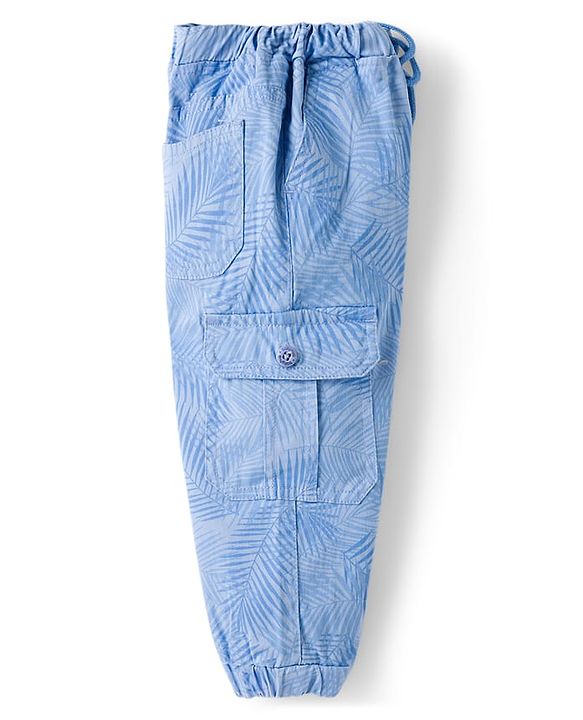 Babyhug Twill Woven Full Length Trouser With Leaf Print & Stretch - Blue