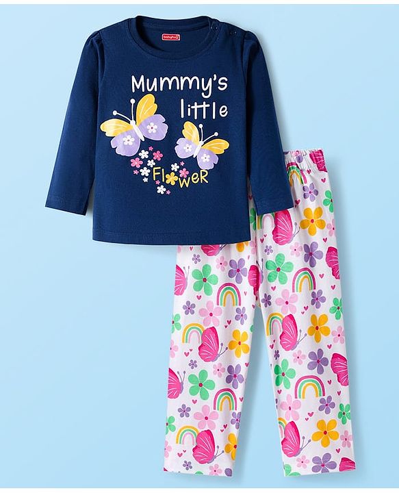 Babyhug Cotton Knit Full Sleeves Night Suit With Floral Print - Navy Blue