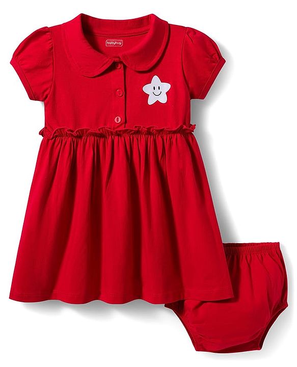 Babyhug Single Jersey Knit Half Sleeves Frock with Bloomer & Star Print - Red