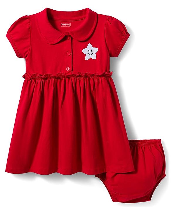 Babyhug Single Jersey Knit Half Sleeves Frock with Bloomer & Star Print - Red