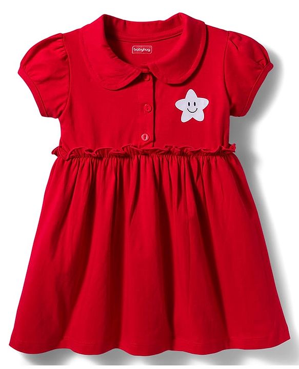 Babyhug Single Jersey Knit Half Sleeves Frock with Bloomer & Star Print - Red