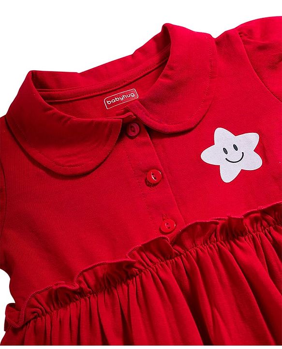 Babyhug Single Jersey Knit Half Sleeves Frock with Bloomer & Star Print - Red