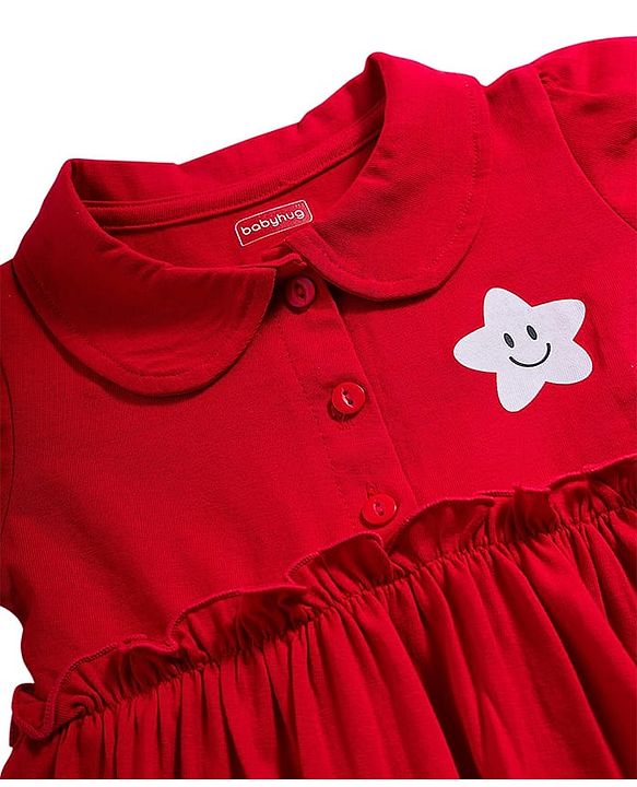 Babyhug Single Jersey Knit Half Sleeves Frock with Bloomer & Star Print - Red