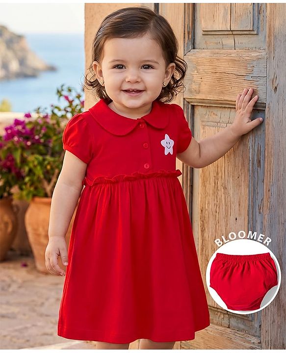 Babyhug Single Jersey Knit Half Sleeves Frock with Bloomer & Star Print - Red