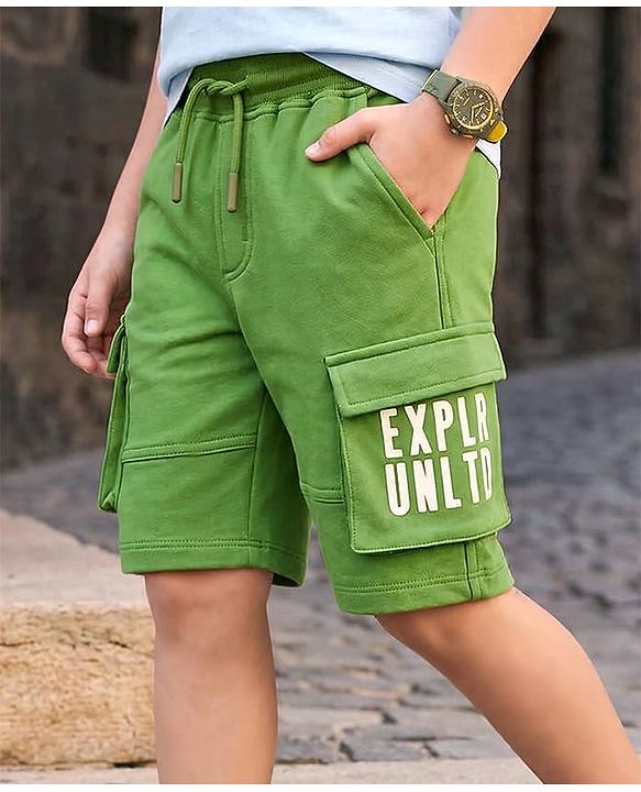 Pine Kids 100% Cotton Knit Shorts With Text Print & Cargo Pockets - Green